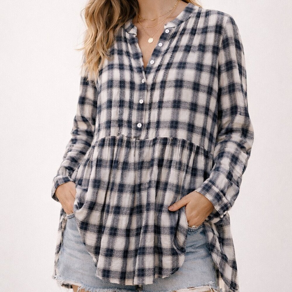 Free People Plaid Babydoll Button-Up Long Sleeve Shirt Size L boho cottagecore